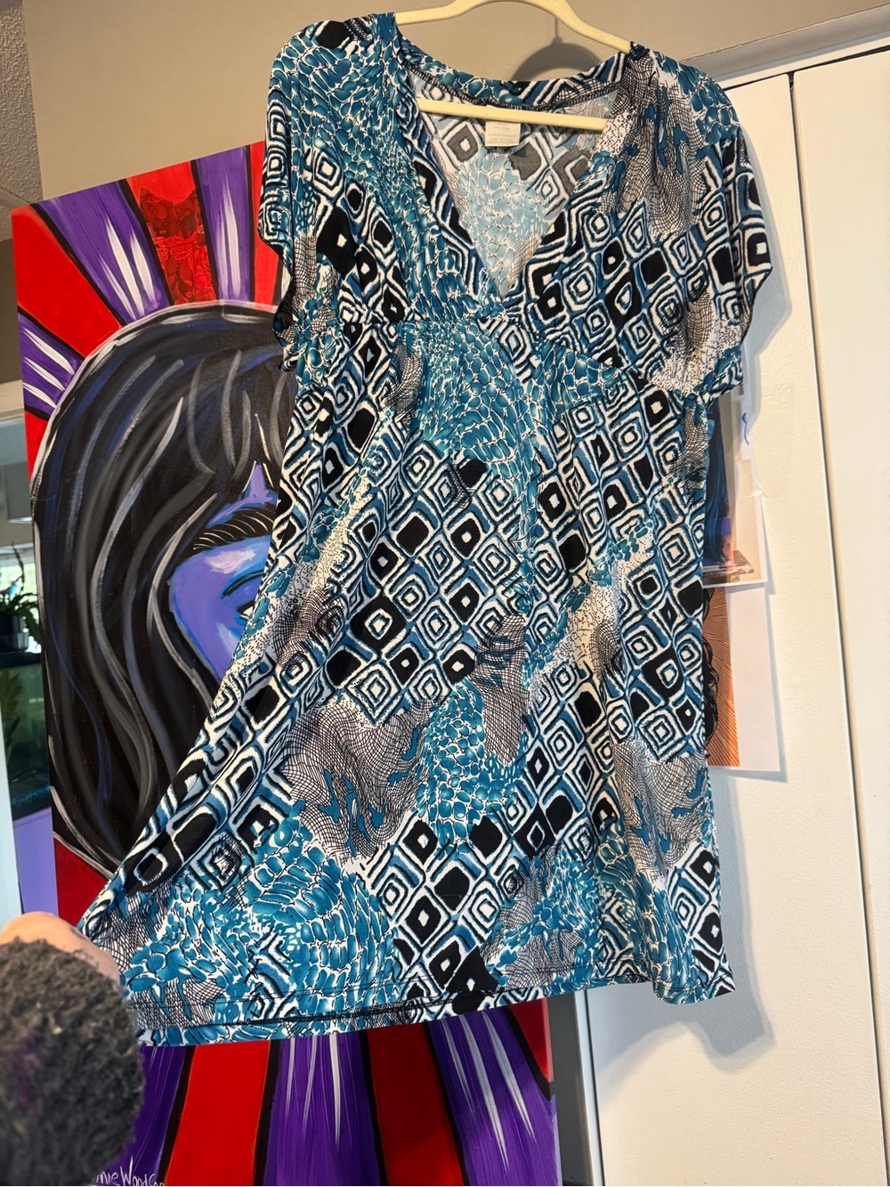 Ingear Blue & White Abstract Geometric Empire Waist Tunic/dress XL